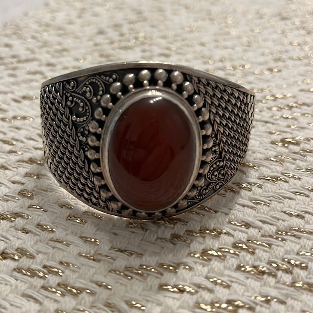 Indonesia Suarti Large Sterling Silver Carnelian Woven Geometric Cuff Bracelet